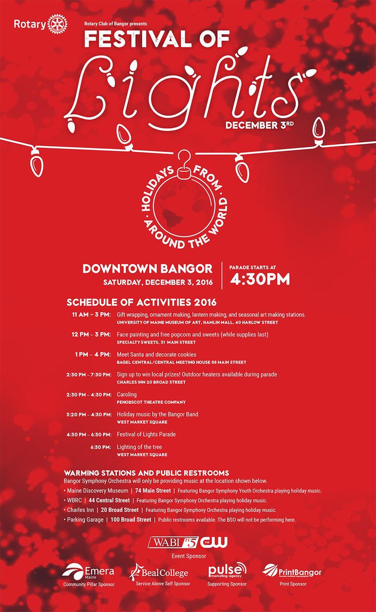 Today's lineup of activities, leading up to the Festival of Lights parade and tree lighting in West Market Square! #heybangor #letsgetmerry