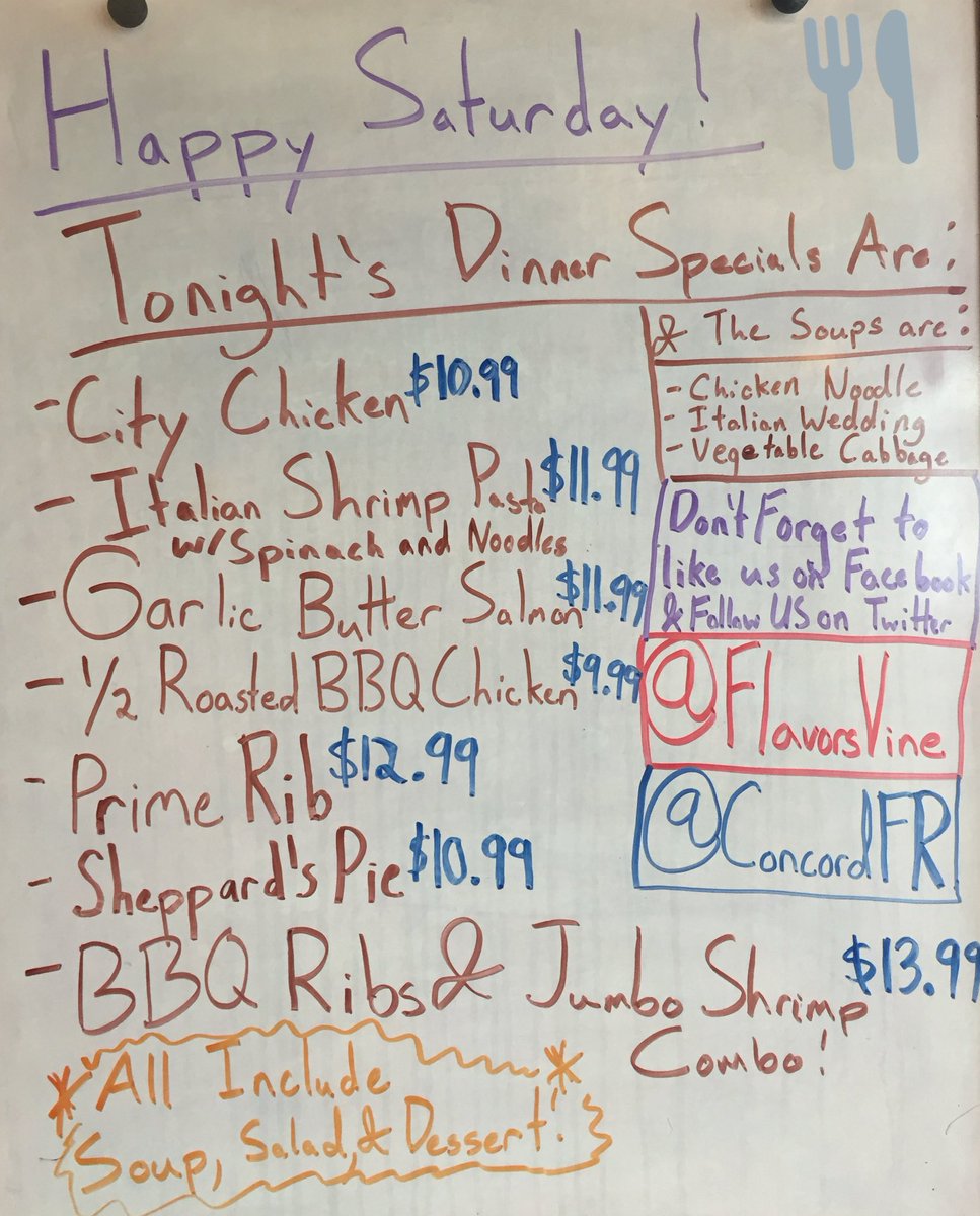 Happy Saturday!! Today's specials include #CityChicken #PrimeRib &amp; #Sheppard's Pie. Have a great #weekend from #FlavorsOnTheVine #followback
