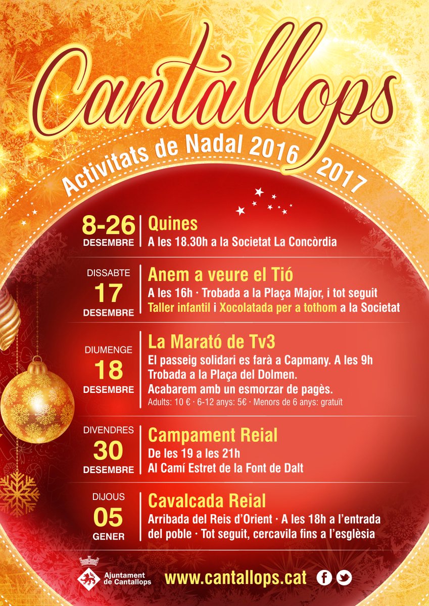 Activitats de Nadal a #Cantallops.
Comencem el 8 amb la Quina.
Us hi esperem!
<a href="/AspresEmporda/">Els Aspres d'Empordà</a> , <a href="/infojonquera/">InfoJonquera.cat</a> , <a href="/tramuntana_tv/">Tramuntana Televisió</a> , @SDC_Emporda