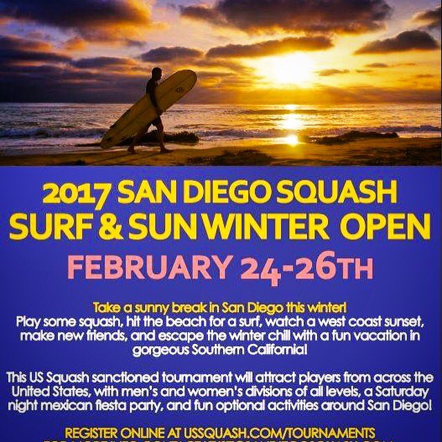 KristiMaroc's tweet photo. Warm up this winter with a trip to California for the 2017 @SanDiegoSquash Surf &amp; Sun Winter Open! #squash #sandiego #sports @ussquash https://t.co/IGQd1XFzpx