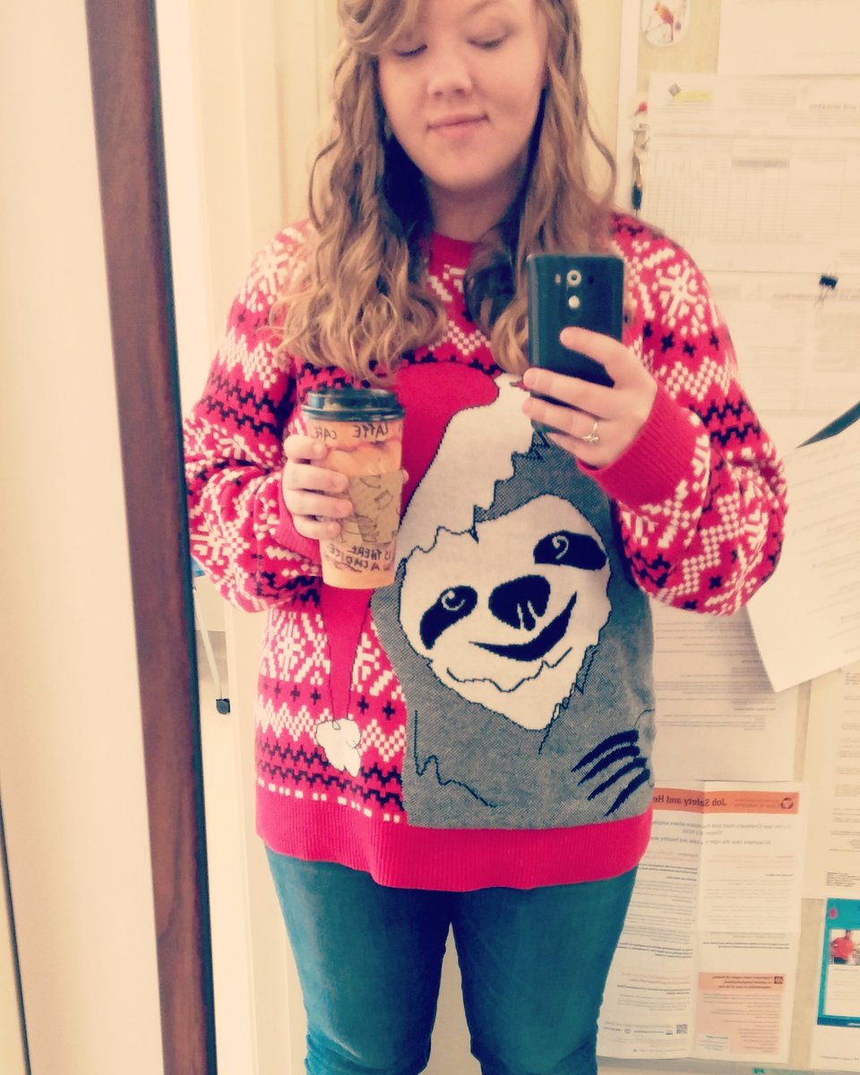 MaybeKayLee_'s tweet photo. Merry Slothmas😂🎄#sloth #sweater #uglysweater #christmas #library #work #wasail #workonsaturday #whimsical #funstuff https://t.co/KAvjMI7K5B