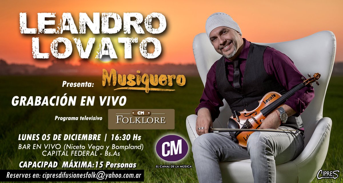 GRABACIÓN EN VIVO -CM FOLKLORE - (Niceto Vega y Bompland) Bs.As- Capacidad:15 personas - Reservas de lugar:cipresdifusionesfolk@yahoo.com.ar