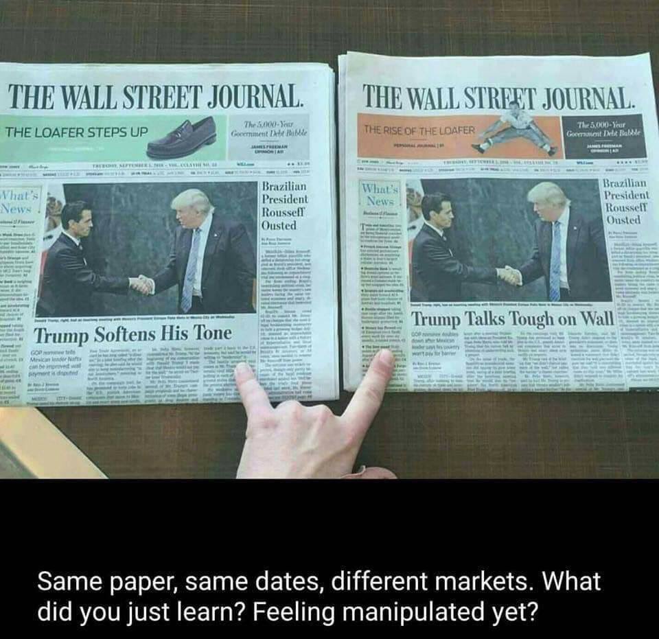 TerrySerio's tweet image. Rupert Murdoch still trying to influence public opinion by demographic. One edition on right for Texas and one edition on left for New York.