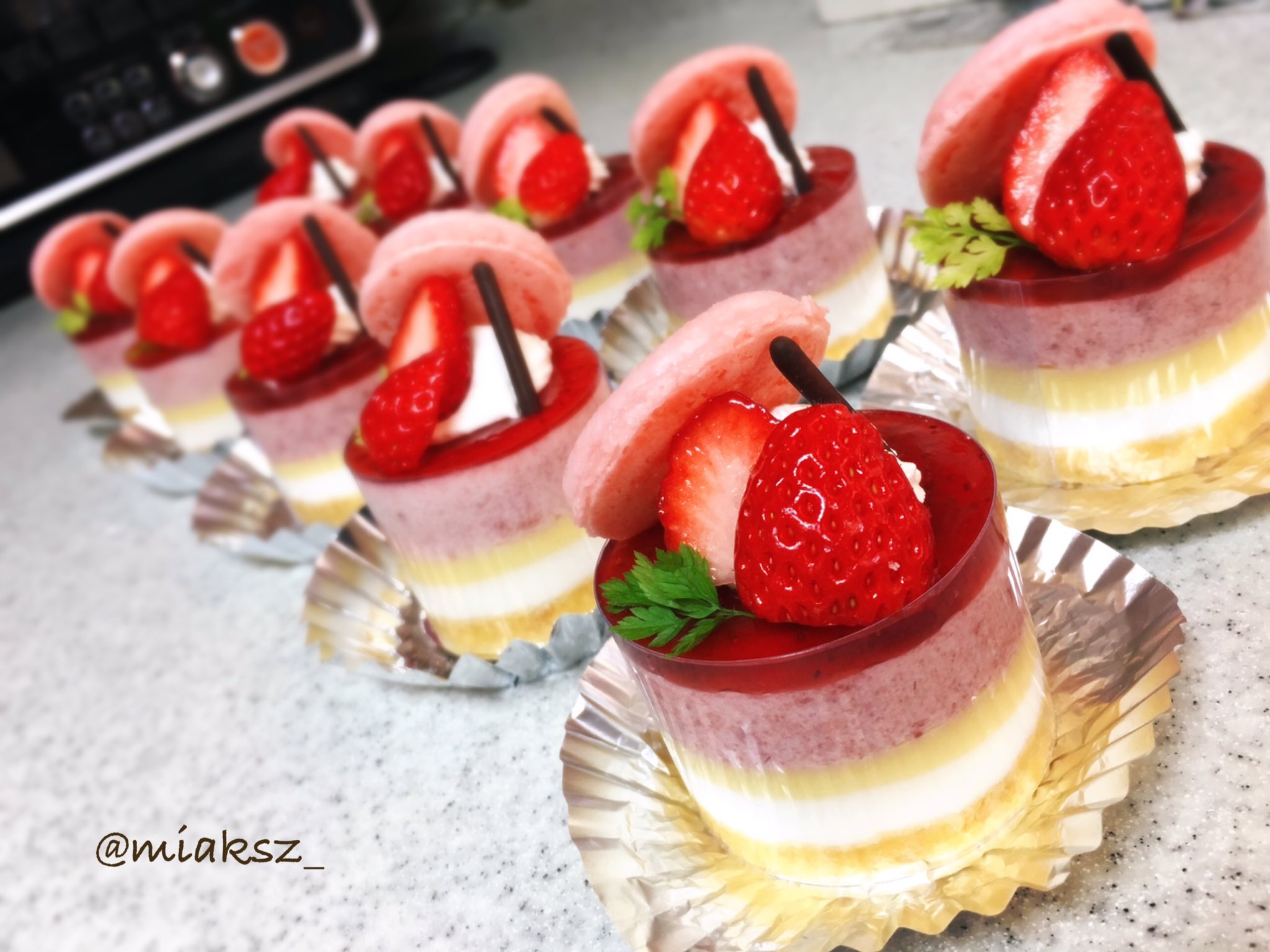 あーさん お菓子 على تويتر いちごのムースケーキ 今の時期はいちごがいっぱい使えて良きです 上にマカロンを乗っけて少し豪華に 下からビス生地 ヨーグルトムース カスタード いちごムースです お菓子作り お菓子作り好きな人と繋がりたい