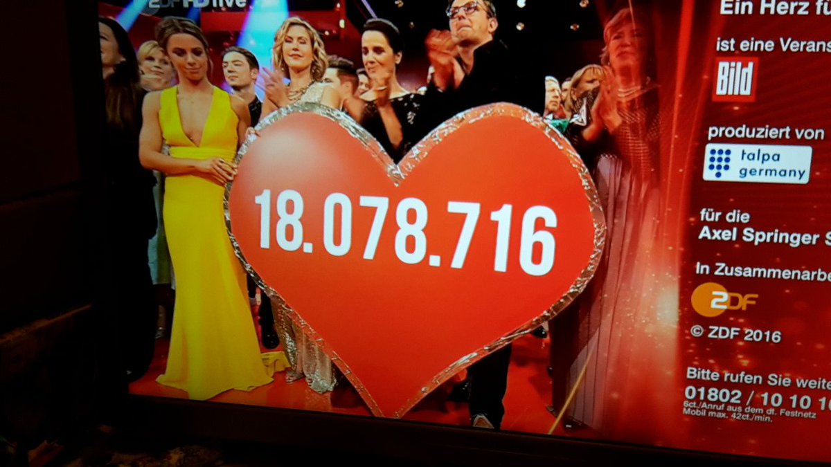 mimi_lerch's tweet photo. Hab leider erst in den letzten Minuten bei #EinHerzfuerKinder eingeschaltet, aber habe euch trotzdem sehen können (siehe Bild) 
18Mio€ krass https://t.co/p8aTDGocIm