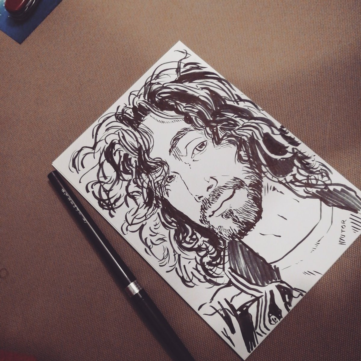 Nyutor's tweet photo. Just a test of my new Pen brush (Kuretake Sumi Brush N08) with a portrait of dan avidan ! 
#pen #brush #ink #nyutor #portrait #nsp #hair https://t.co/3h8nth3lh6