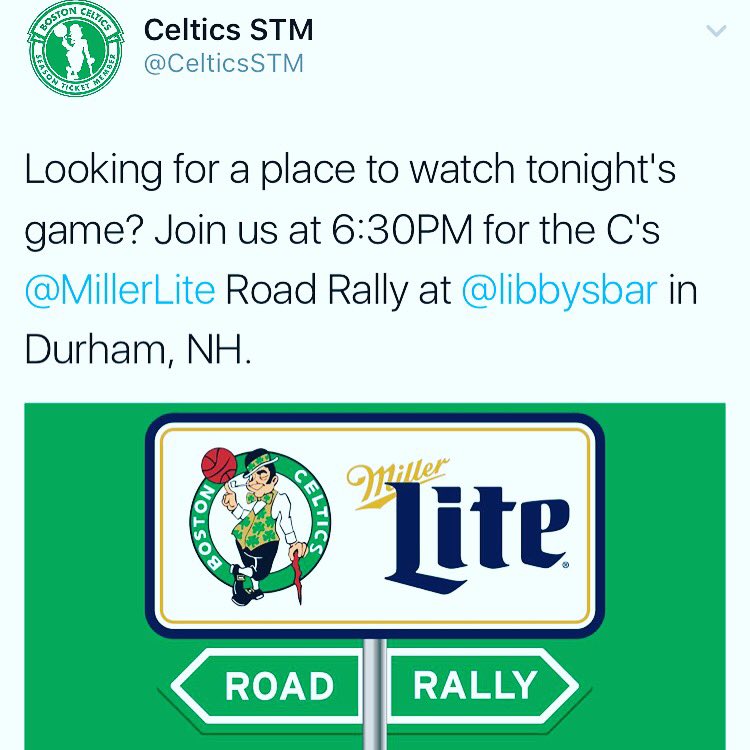 LibbysBar's tweet photo. Celtic's Miller Lite Road Rally is starting soon! Tons of prizes &amp; ticket giveaways, plus $1 Miller Lite bottles! 
#libbysbar #millerlite https://t.co/yXRH4h2aMl