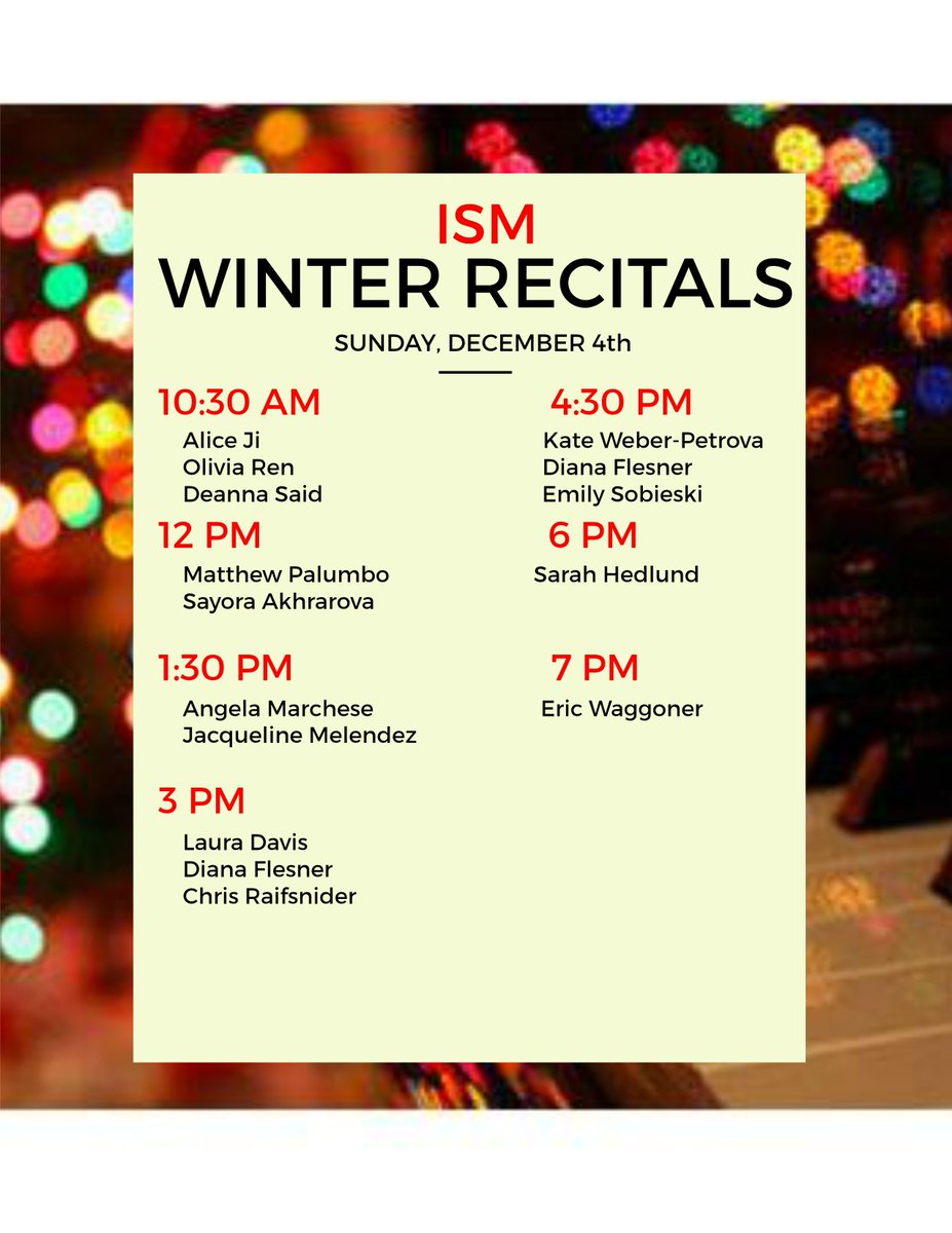 intlschoolmusic's tweet photo. Have a #recital scheduled for tomorrow? Here’s a quick list of the #studios that will be #performing tomorrow! #ISMRecitals #MusicEd https://t.co/KstteSdUkZ