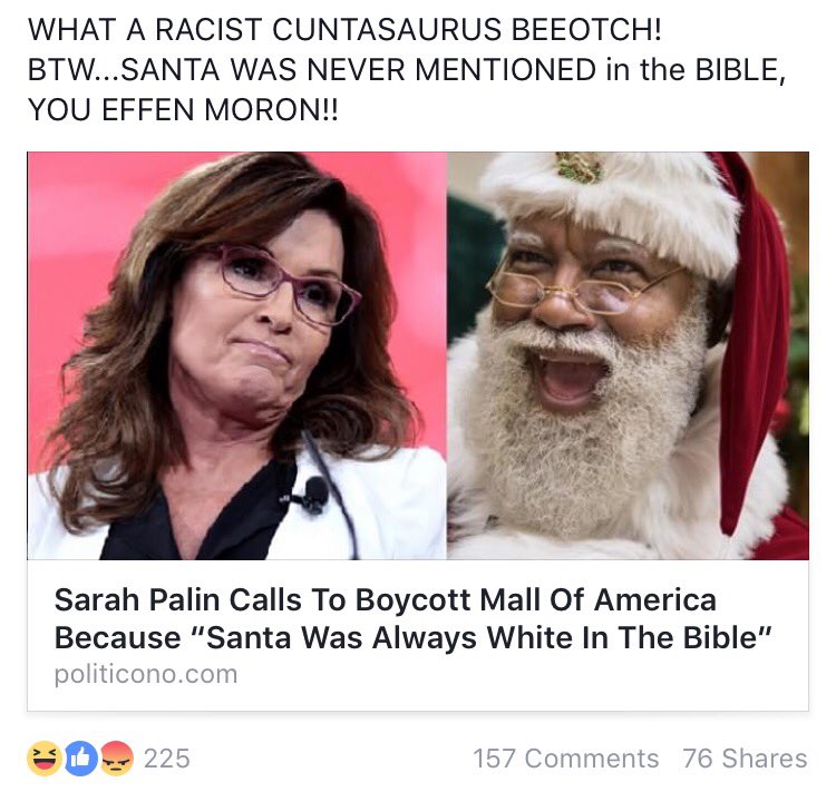 bacon_ninjette's tweet photo. @SarahPalinUSA is a #cuntasaurus because she thinks Santa was in the Bible. I totally agree. #neverboycottsanta #mallofamericarules https://t.co/dWMQkQppmo