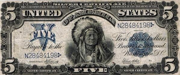 HistoryInPics's tweet photo. $5 Silver Certificate, 1899. The only US banknote with a Native American Indian Chief on it. https://t.co/BO97dNNZsH