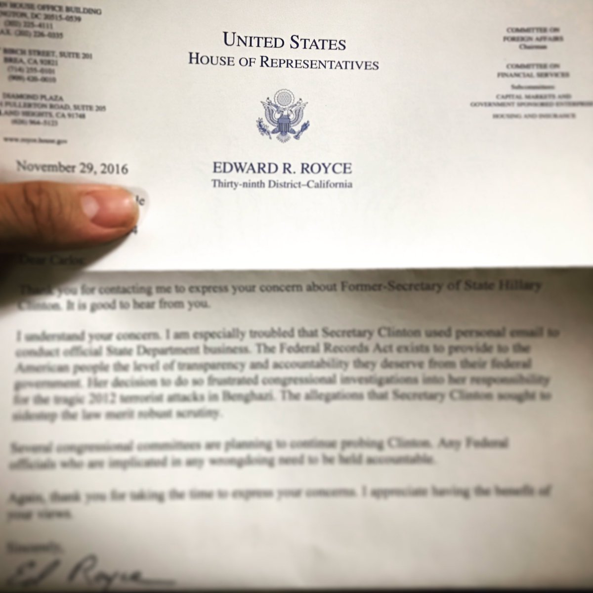 UnityInJustice's tweet image. 🇻🇮Thank you @RepEdRoyce - it means a great deal that you took time to respond to a concerned American 🇺🇸