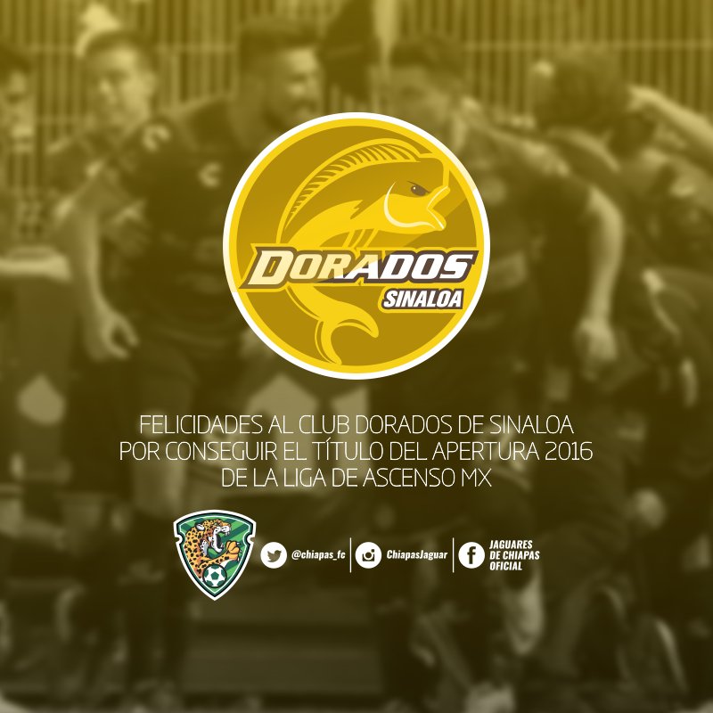 Chiapas_FC's tweet photo. ¡Muchas felicidades @Dorados! Digno campeón del Torneo #Apertura2016 del @AscensoMX #LaHicieronDePez https://t.co/LcfK4NBxW4