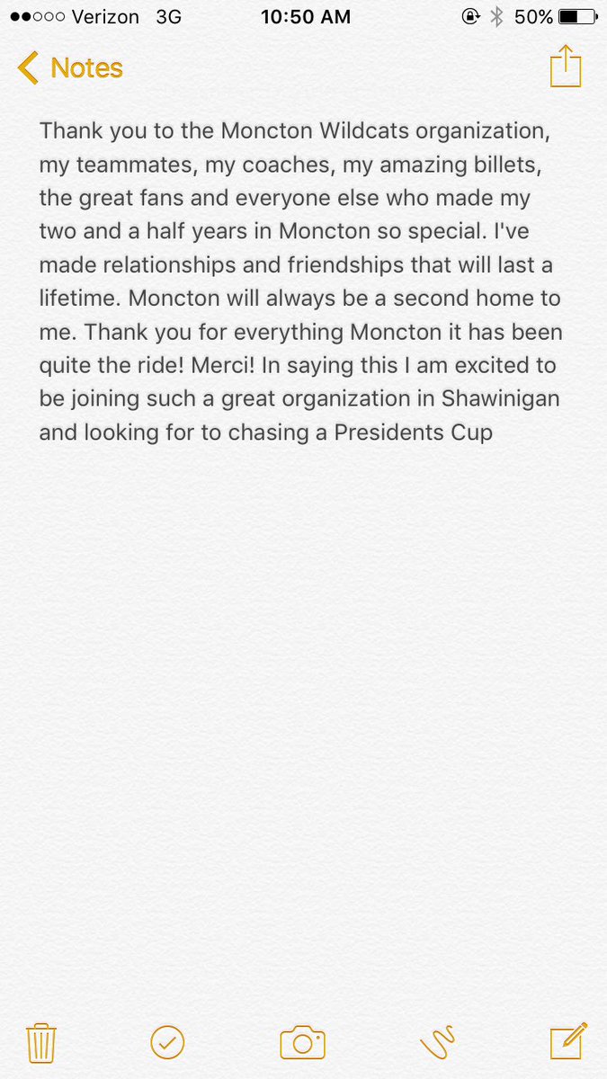 Thank you <a href="/monctonwildcats/">Moncton Wildcats</a> for everything. Excited to be joining a great organization in <a href="/Cataractes_Shaw/">Cataractes de Shawinigan</a>