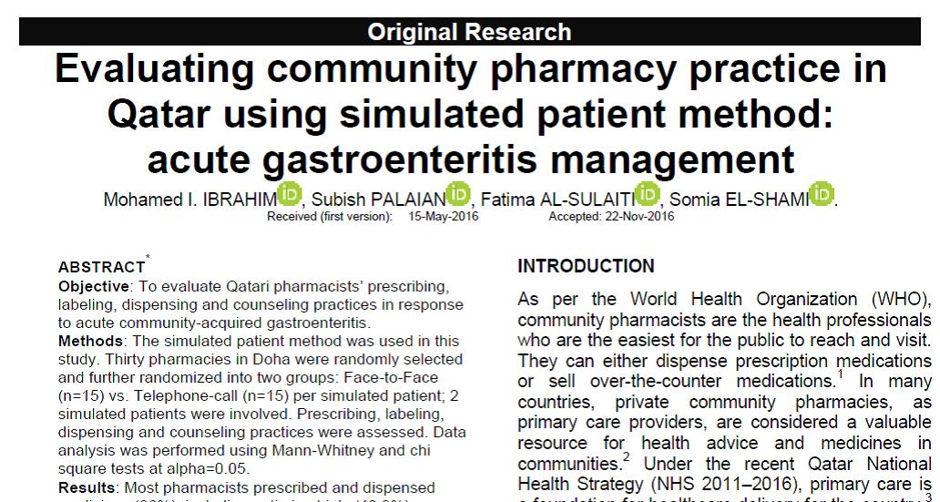 Evaluating community pharmacy practice in Qatar using simulated patient method: acute gastroenteritis management pharmacypractice.org/journal/index.…