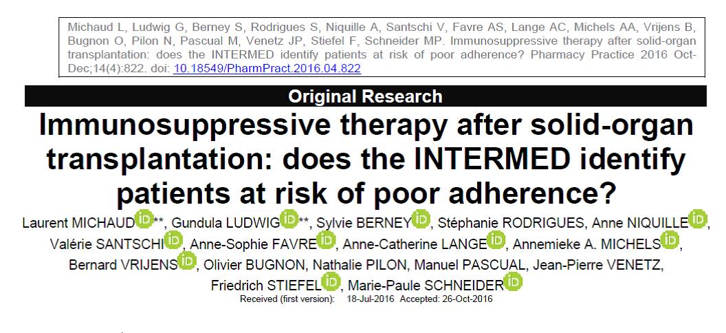 Immunosuppressive therapy after  transplantation: does the INTERMED identify patients at risk of poor adherence? pharmacypractice.org/journal/index.…