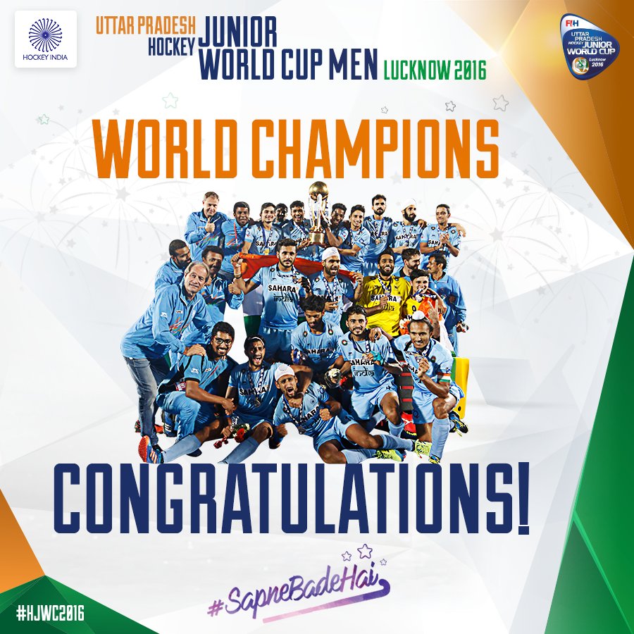 TheHockeyIndia's tweet photo. We are World Champs! Join us in congratulating the Indian Colts as they clinch GOLD at the #HJWC2016 on 18 Dec. #SapneBadeHai https://t.co/YhDykJ7VBB