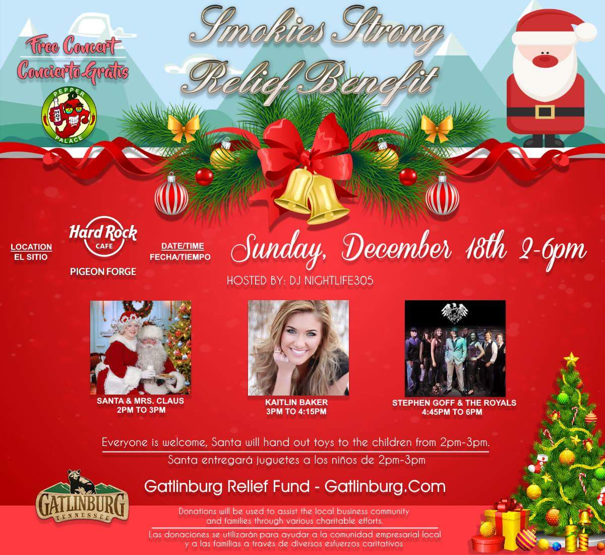 kaitlynabaker's tweet photo. Getting ready to play the #SmokiesStrong benefit @PigeonForge! Santa and Mrs. Claus are here, so bring the kids! We're at @HRCPigeonForge https://t.co/20b5t0Z6yD