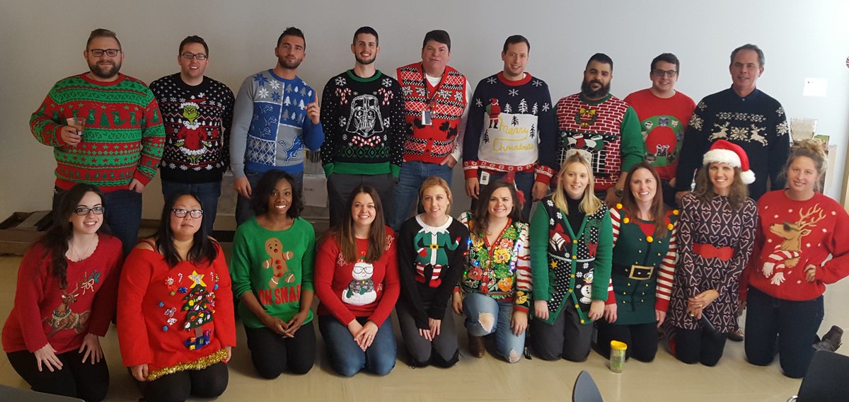 getgroupment's tweet photo. It's #NationalUglySweaterDay, and the group photos are amazing! Kudos to the festive team at iDashboards for #picoftheday! 🎄📷: @iDashboards https://t.co/mFbOqtiffy