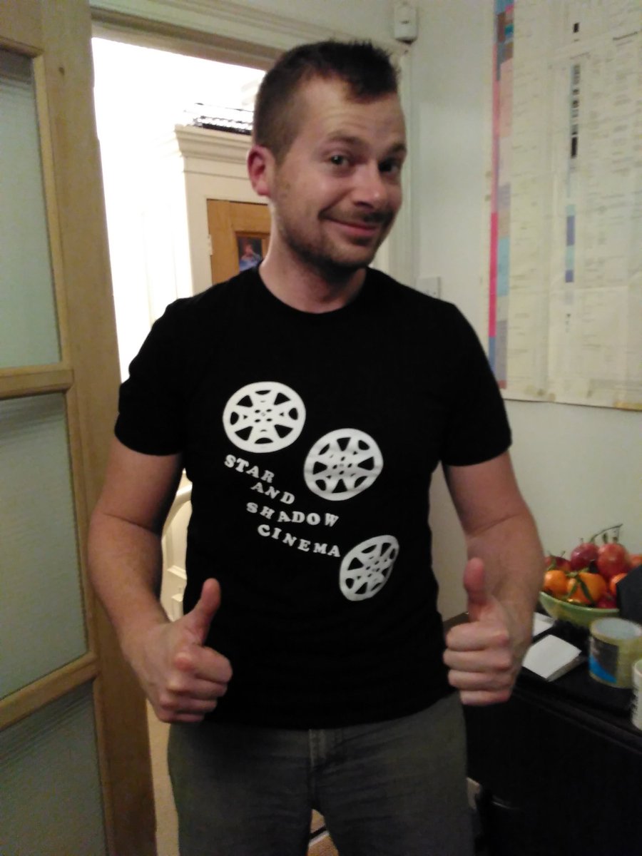 Model Josh in the first <a href="/StarAndShadow/">Star & Shadow Cinema</a> tee-shirt out the box. Expect yours soon if you pledged to #buildyourcinema #indiecinema