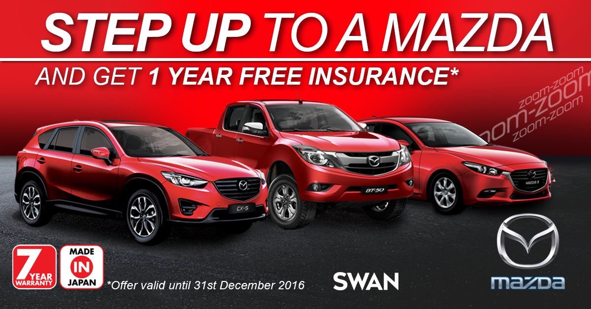SWAN_Mauritius's tweet photo. Step up to a Mazda and get 1 year FREE car insurance with SWAN.

The offer is valid till the 31st December 2016.

#CarInsurance #SWANForLife https://t.co/rSQYHCD7o0