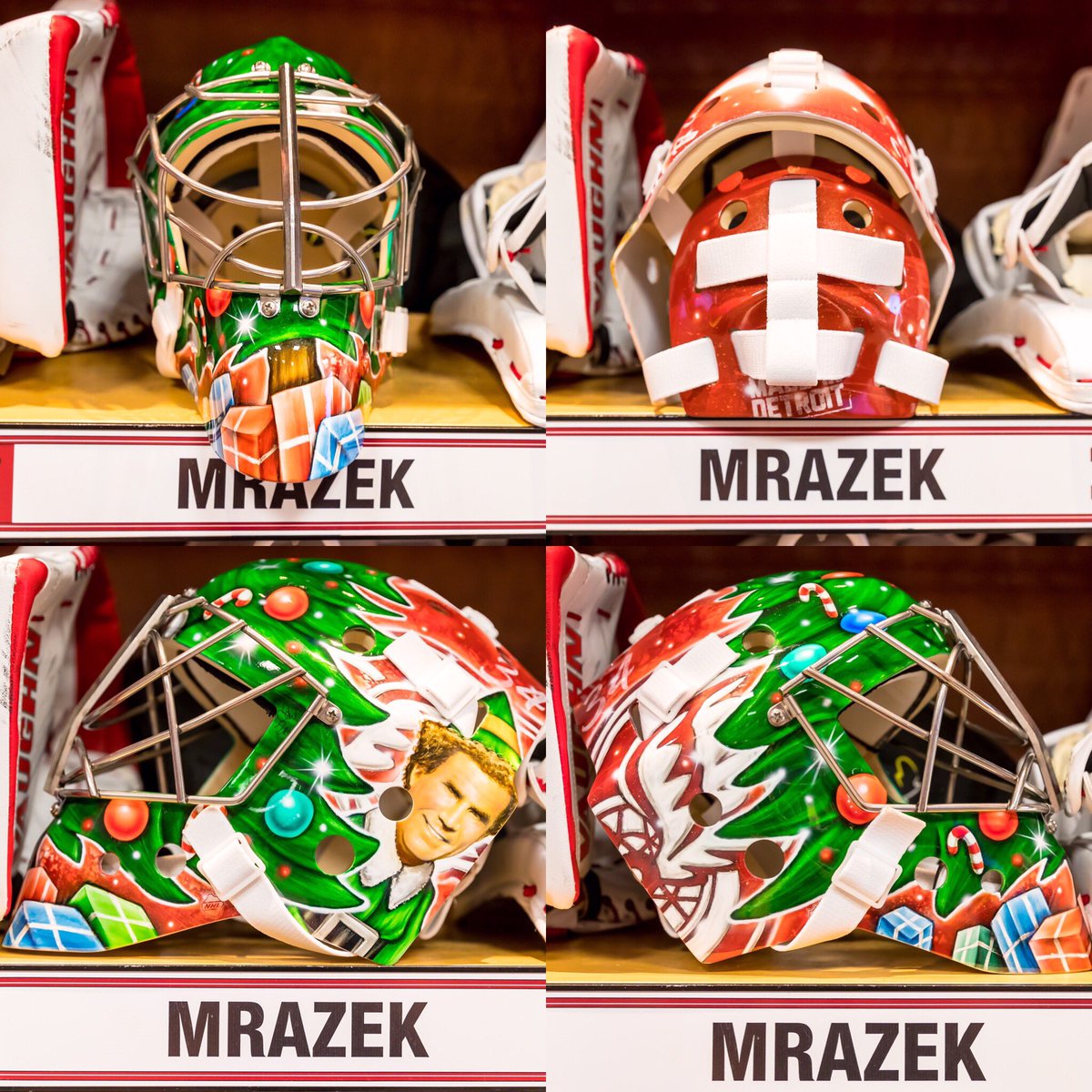 DetroitRedWings's tweet photo. .@pmrazek34 &amp; Jimmy Howard's holiday masks are in and they're better than ever. Shoutout to @artofdave &amp; @VaughnHockey for the hard work. https://t.co/AzpzDYmWe2