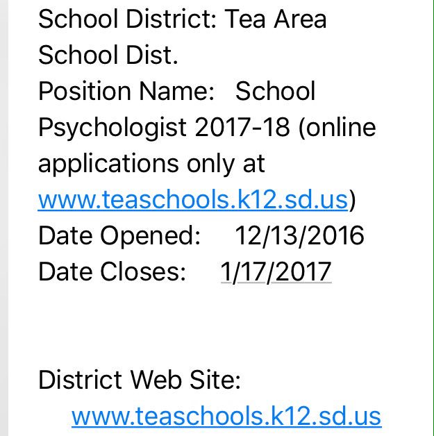 SDSchoolPsychs's tweet photo. Job openings at Tea Area School Dist. &amp; at the SWWC service coop. See attached for info, apply online! https://t.co/1UfOuQgsUr