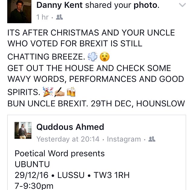 Our man <a href="/PaleSkinnyKid/">Danny Kent</a> certainly knows how to rephrase an event promo! #Ubuntu #BeThere #HounslowArts #SpokenWord #Poetry #Hounslow