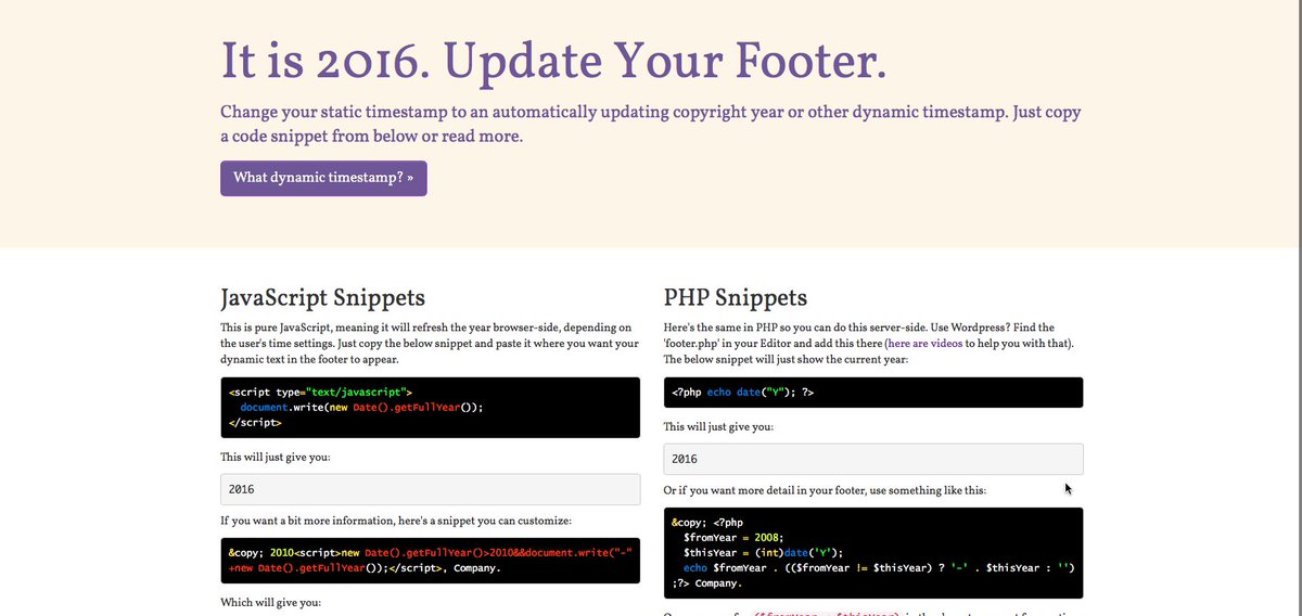 zeldman's tweet image. Friends Don’t Let Friends Look Dead On The Internet. 

It’s 2016. Update your footer. updateyourfooter.com