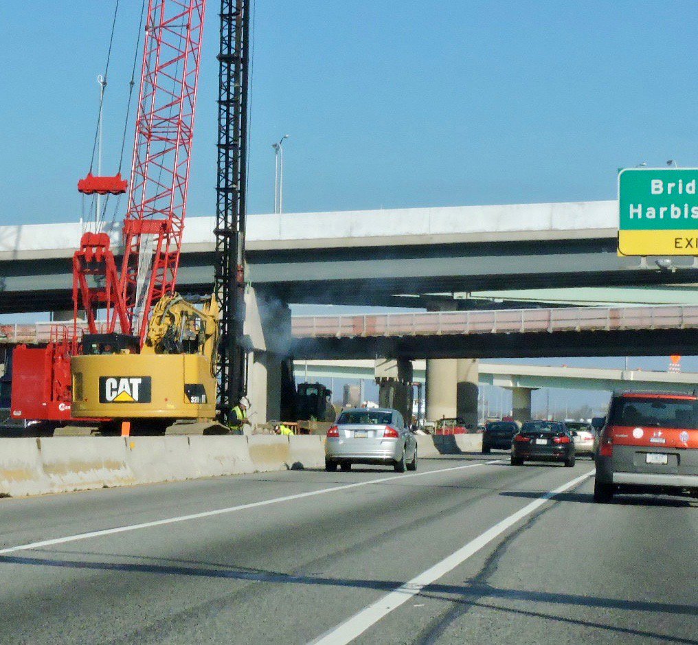 Pile driving in the middle of I-95 for foundations of a pier to support a new ramp from Aramingo Ave to B Ross Bridge. #95info #95revive