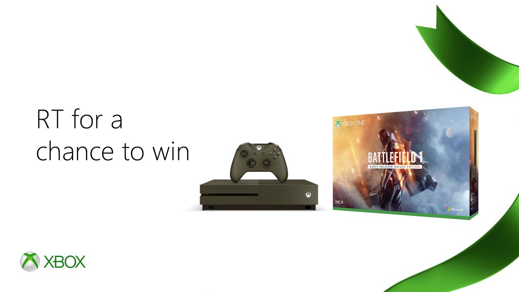 Xbox's tweet image. RT for a chance to win an #XboxOneS Battlefield 1 [M] Limited Edition Bundle. #12DaysofGiving #XboxSweepstakes Rules bit.ly/2hPQYXK