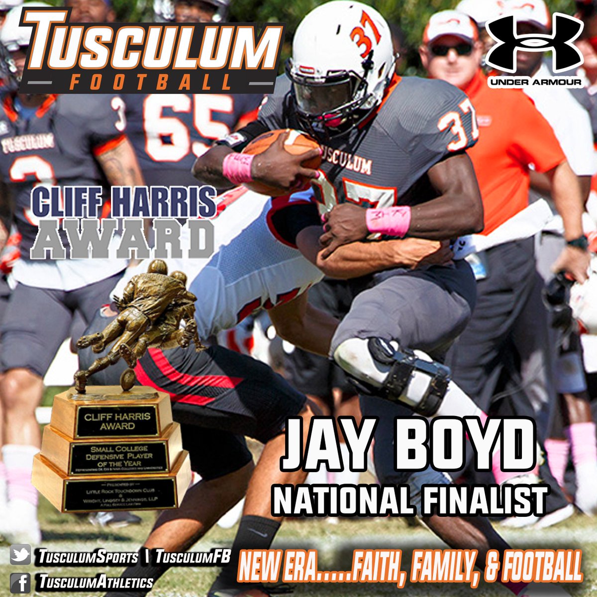 TusculumSports's tweet photo. Congrats to @TusculumFB Jay Boyd for being named a national finalist for the Cliff Harris Defensive Player of the Year Award #PioneerUp https://t.co/XKCcF088yX