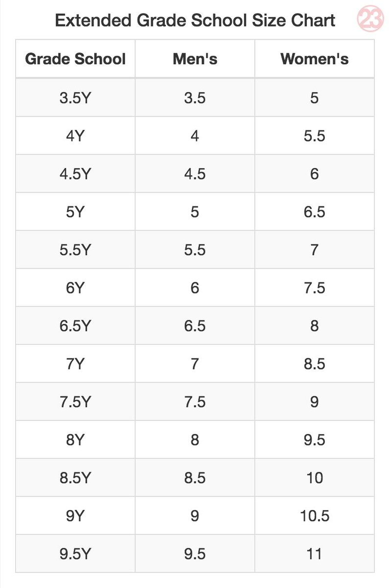 nike size chart grade school