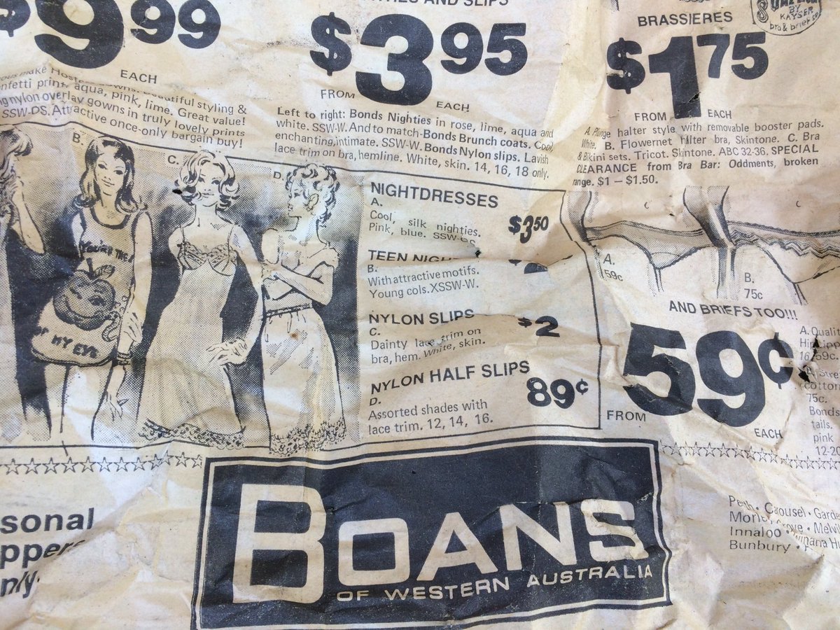 Dr_Rob_Davis's tweet photo. Chance find in my new house. Remember #Boans #Perth people? Undies for 59c in 1974! https://t.co/tsBLsHEIME