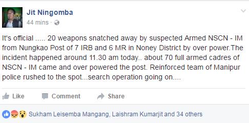 laimacha's tweet photo. 20 weapons snatched away by #NSCN(IM) from Nungkao Post of 7 IRB and 6 MR in Noney District by over power in Manipur. @HMOIndia @PMOIndia https://t.co/qofYFm8oM6