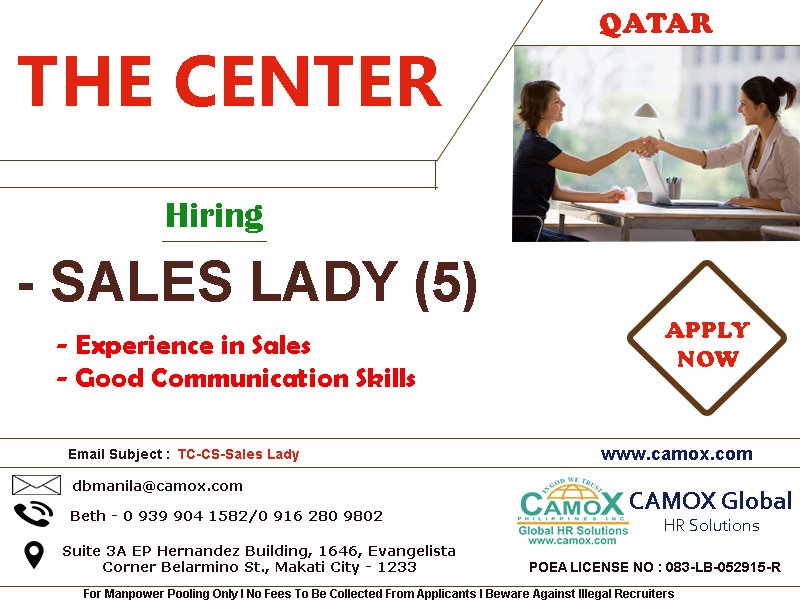 camoxph's tweet photo. #QATAR Calling!

Please send your CV to dbmanila@camox.com

Email Sub - TC-CS-Sales Lady

https://t.co/3xWQpmE9j4 

#camox #qatarjobs #sales https://t.co/GGrRmQCPAB