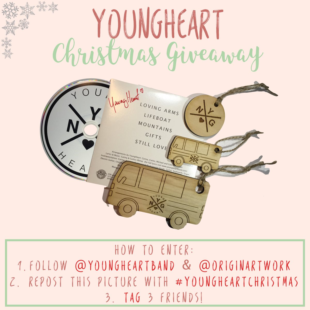 Win a:
-Signed YoungHeart EP
-LIMITED EDITION hand made YoungHeart Christmas ornaments
-Chance to FaceTime
 
(official rules on Instagram)