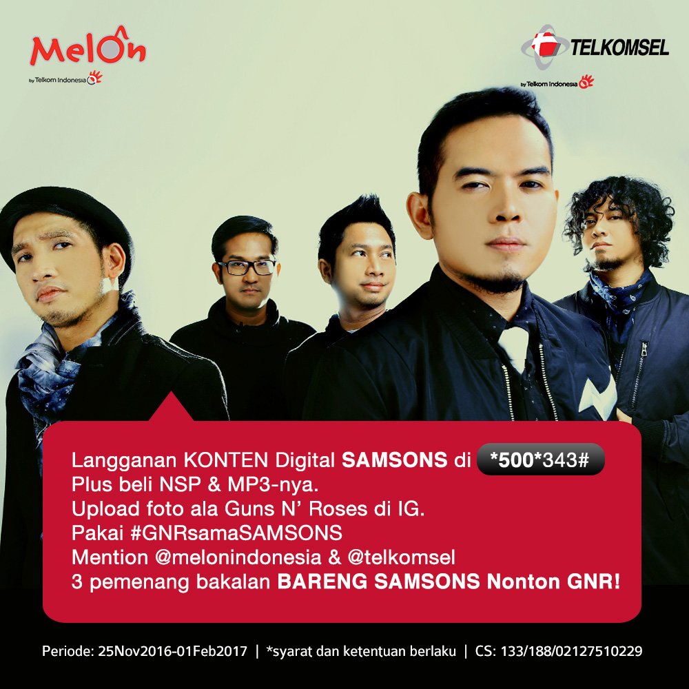 Mau nonton #GNRsamaSAMSONS? Aktifkan konten digital Samsons di *500*343# dan foto ala GnR di IG. @MelOnIndonesia <a href="/Telkomsel/">Telkomsel</a> @Universal_Indo