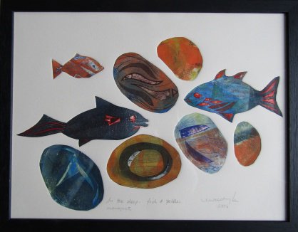 WoodEndGallery's tweet photo. #art #marlenewlodarczyk original collograph mono print in the deep, fish and pebbles 
@woodendgallery  Exhibition ending Sunday 18th https://t.co/gxyBX2umX5