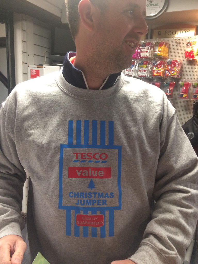 ProPeterstone's tweet photo. Ironic and minimalist. Runner up for comedy value in the Christmas sweater competition. Modelled by Martin Marshall. https://t.co/nJgrbrACX1