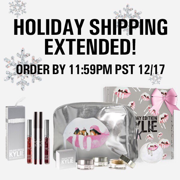 kyliecosmetics's tweet photo. Holiday shipping update: any USA orders placed before 11.59pm Saturday Dec 17 will arrive before Christmas! 🎄❄️ https://t.co/rkT2b8JJL5 https://t.co/yWkZCQEJRO