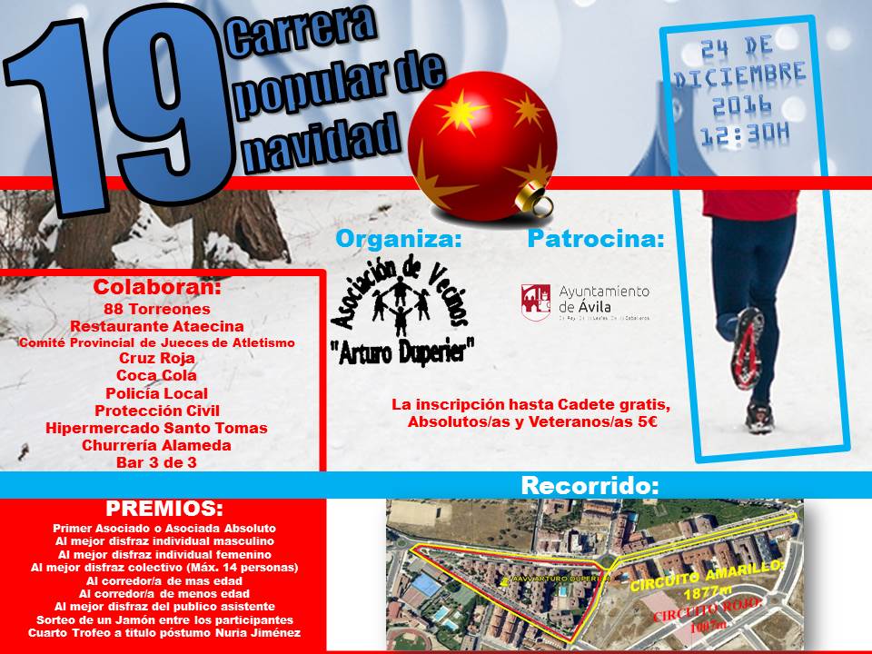 El 24 de diciembre regresa la Carrera Popular de Navidad organizada por la Asociación de Vecinos Arturo Duperier 
bit.ly/2huw7Ir