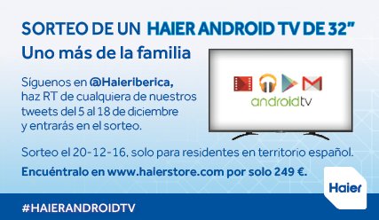 haier_aire's tweet photo. #HaierAndroidTV, uno más de la familia!
Síguenos, haz RT de cualquiera de nuestros tweets y entrarás en el sorteo de un Android TV de 32" https://t.co/Ak0HMtjNDO