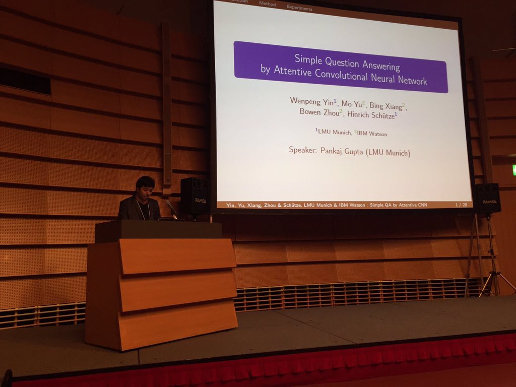 pankaj_gupta96's tweet photo. Simple QA over Freebase using Attentive Max Pooling. I presented on behalf of Wenpeng Yin (LMU) #COLING2016 https://t.co/KDpSnQa17x