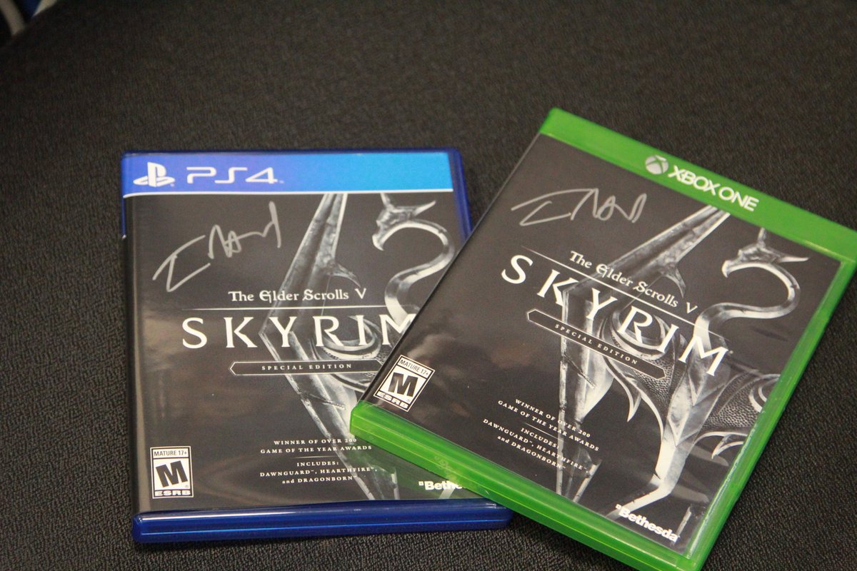bethesda's tweet image. Today’s #BethesdADVENTures can score you a Todd Howard-signed copy of #SkyrimSpecialEdition. Follow + RT to win bit.ly/2gWkMxF