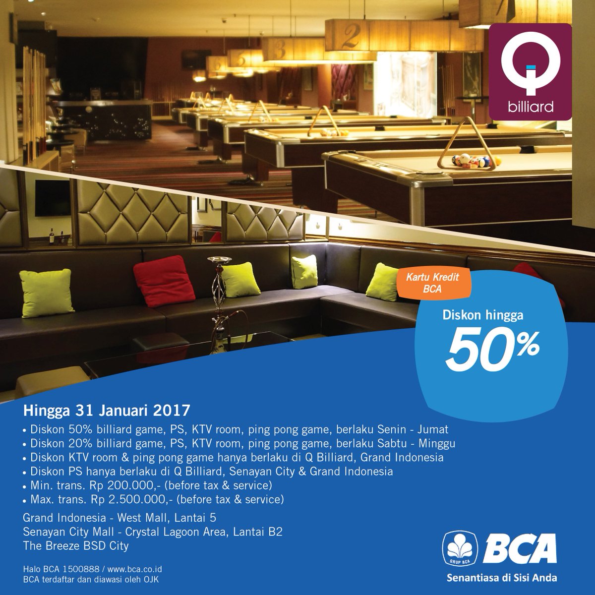Good news for all BCA card holder!
Come and enjoy special discount on all facilities only at Q Billiard Jkt &amp; BSD #QBilliard