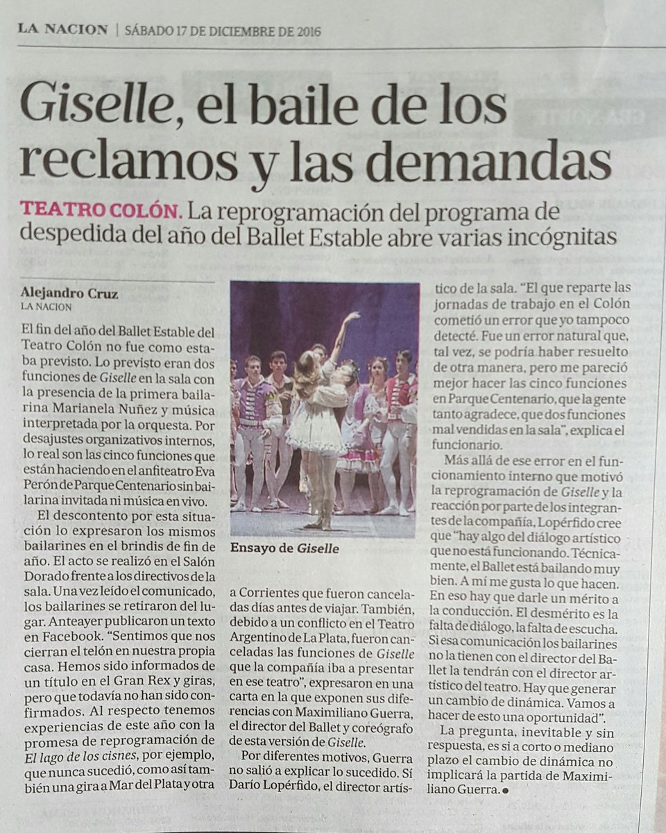 CapomagiSergio's tweet photo. @bailarinesBETC se hizo eco @LANACION @MlleNon @ACanoMaldonado @Wyssard nota de Espectáculos y Carta de Lectores. Mas funciones en el Colon! https://t.co/p7MRXgx5b0