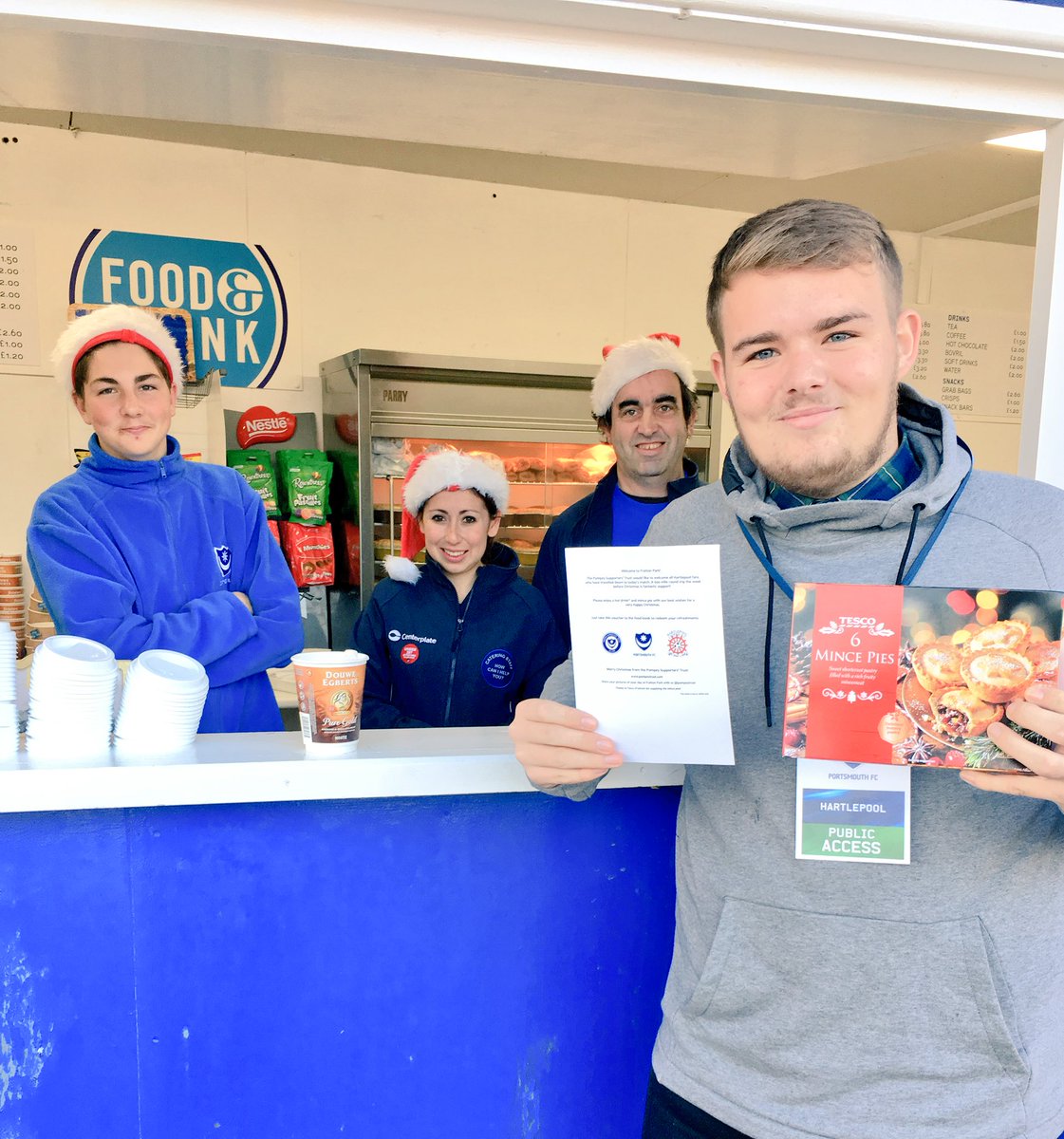 PompeyTrust's tweet photo. We're welcoming @Official_HUFC fans to Fratton Park today with a voucher for a free hot drink and mince pie. https://t.co/by9GSnlgN9