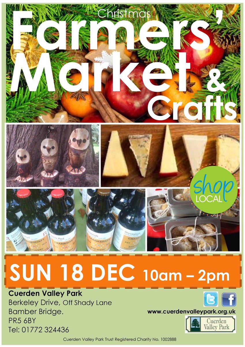 #Chorley <a href="/CuerdenValleyPk/">Cuerden Valley Park</a> Farmers'Market Sun18Dec PR5 6BY with <a href="/BowlandPork/">Bowland Pork, Beef & Lamb</a> <a href="/cheeseisgrate/">John Jacobs</a> <a href="/heritagepreserv/">Heritage Kitchen</a> <a href="/all_you_knead/">all you knead</a> <a href="/HartyFood/">Lynn Hart</a> Pls RT