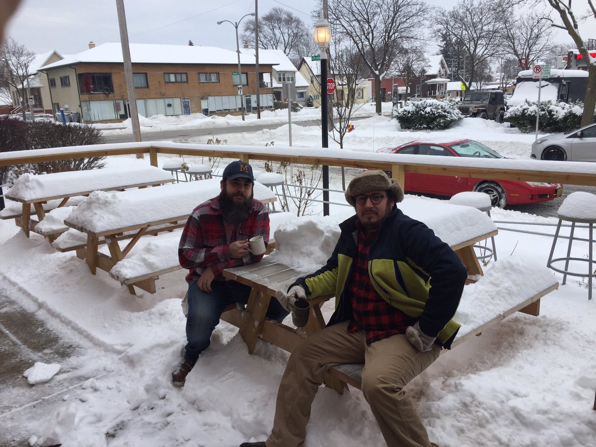 No snow closures here....coffee is hot and fresh wood smoked @grate_bbq will be ready by 11a. Patio seating available! #mkecoffee #gratebbq