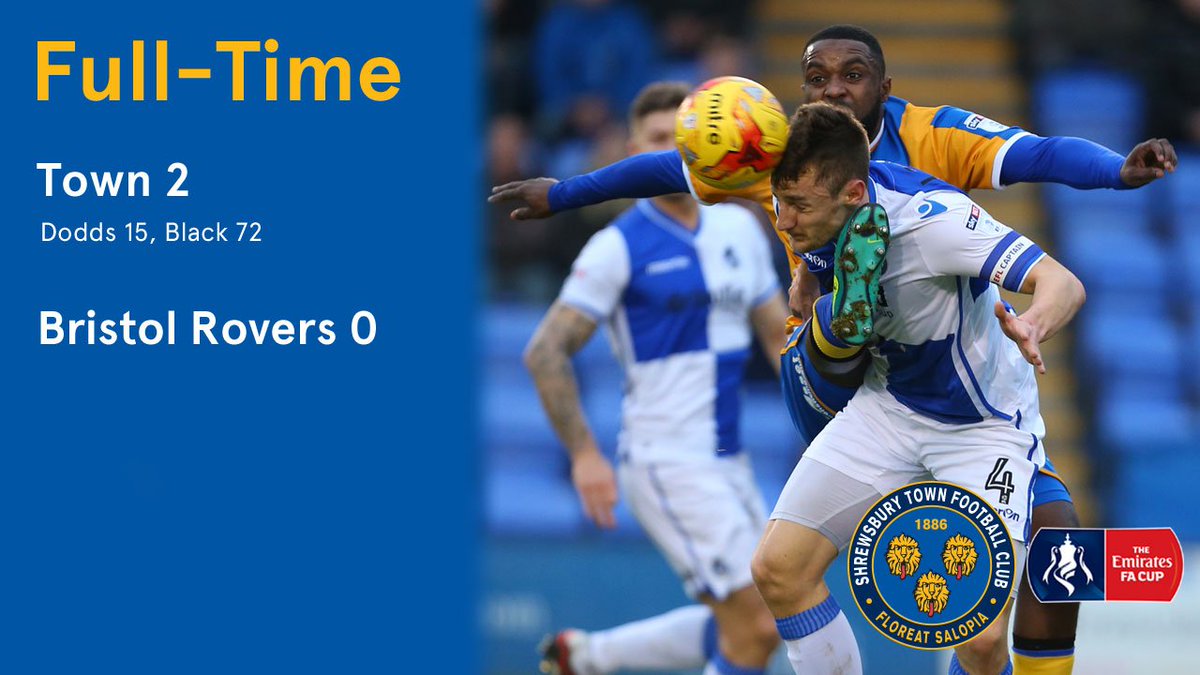shrewsburytown's tweet photo. FT: Town 2 @Official_BRFC 0: Good performance from Town topped off with goals from Dodds and Black penalty #salop https://t.co/rurZekjNJt